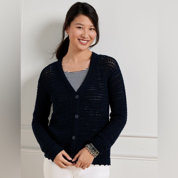 Talbots • NWT Navy Open Stitch V Neck Button Down Cardigan XL Scalloped Hem - Picture 1 of 10